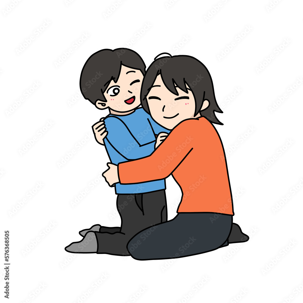 笑顔で抱き合う母親と息子（頬染）