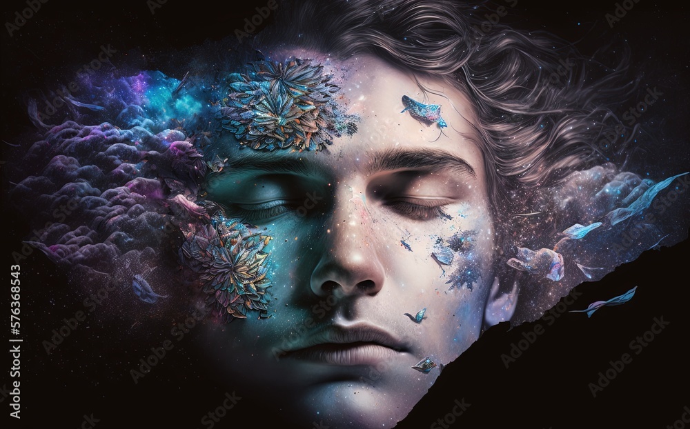 Lucid dreaming meditation man close up floating in space galaxies stars dreaming illustration generative ai Lucid dreaming meditation man close up floating in space galaxies stars dreaming illustration generative ai