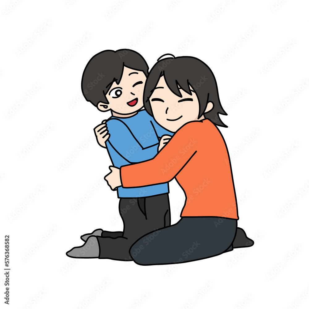 笑顔で抱き合う母親と息子