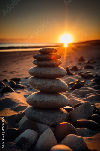 Peaceful Seaside Scene. Serene landscape with a stack of stones on a remote beach. Serenity concept. AI Generative