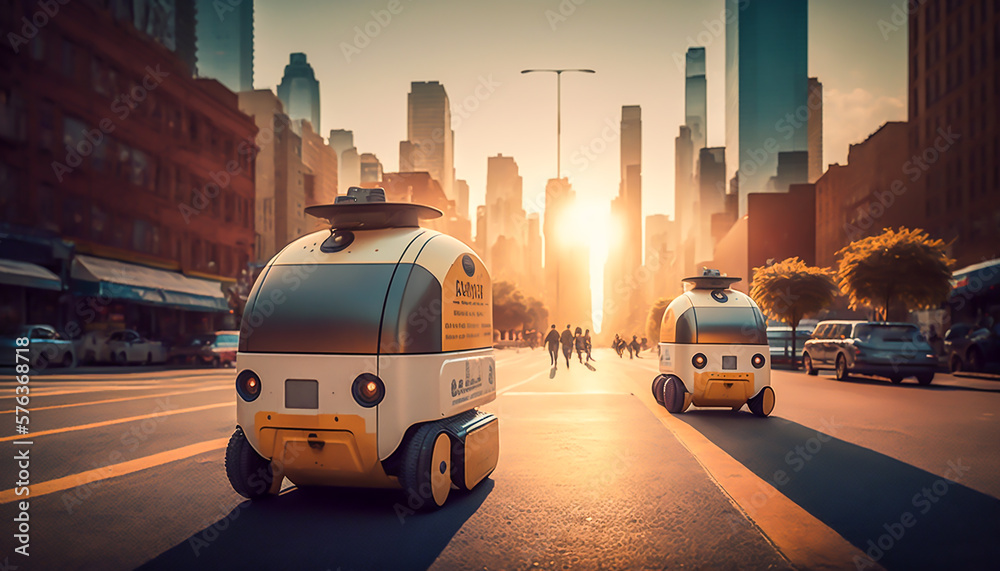 Fototapeta premium Autonomous robots deliver food to customers on road in city, Generative AI