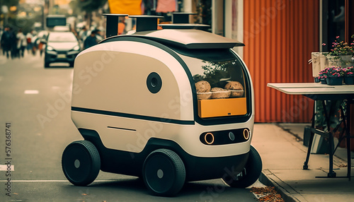 Autonomous robots deliver food to customers on road in city  Generative AI