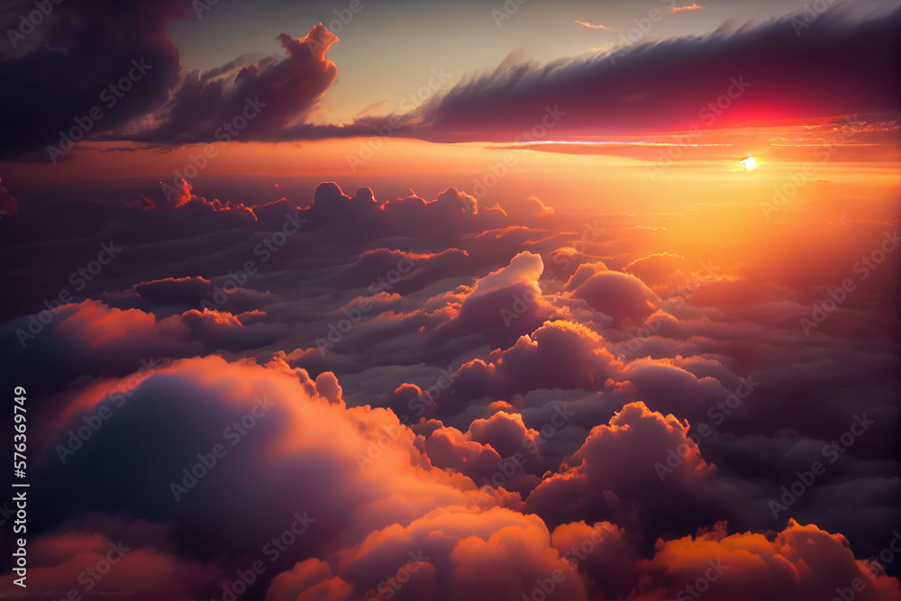 Beautiful sunset above clouds from airplane perspective.