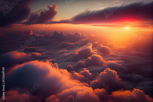 Beautiful sunset above clouds from airplane perspective.