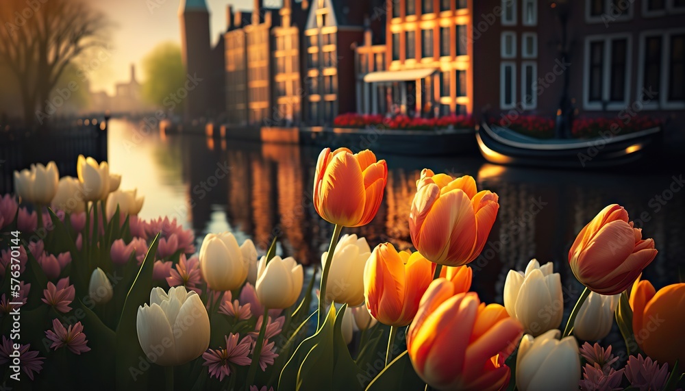 Blooming dutch tulips on background of Amsterdam canals. Based on Generative AI - obrazy, fototapety, plakaty 