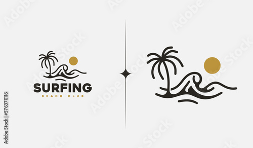 Surfing Beach monoline. Universal creative premium symbol. Vector sign icon logo template. Vector illustration