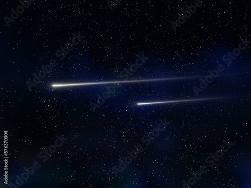 Two shooting stars on a black background. Beautiful flash from meteors. A falling meteorite glows in the night sky.