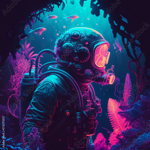 Retro Neon Diver Underwater, Retrowave Design - AI Generative