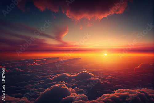 Beautiful sunset above clouds from airplane perspective. photo