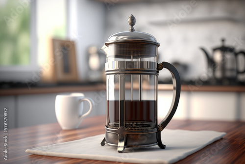 French press with black tea or espresso coffee on the kitchen table. AI generative