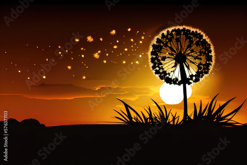 Dandelion silhouette against sunset with seeds blowing in the wind.