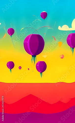 Spring break abstract background - hot balloons in the sky. Multicolored background with bright colors for happiness, joy, and carelessness. AI-generated digital illustration, flat design.