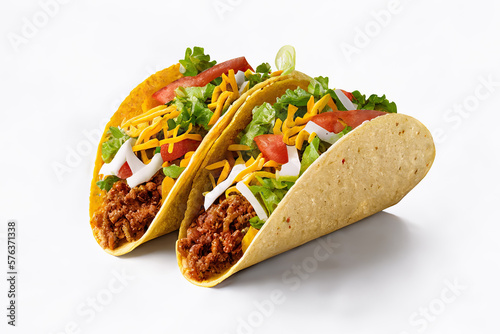 Two tacos side-by-side isolated on a white background Generative AI photo