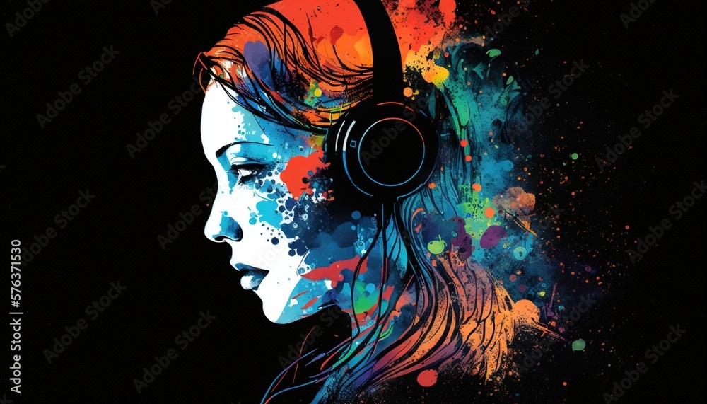 Obraz premium Psychedelic art of a person with headphone. Generative AI.