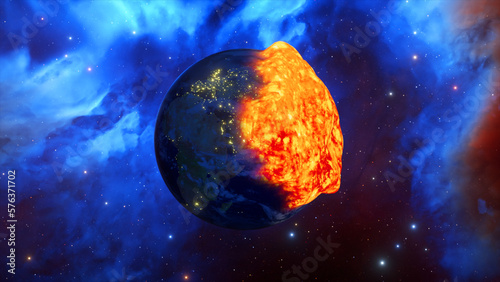 Hot liquid lava engulfs the planet. Fireball on the background of space. Science fiction. Gas giant. 3d illustration