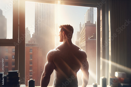 A fictional person, Muscular man looking out the Gym window, Generative AI