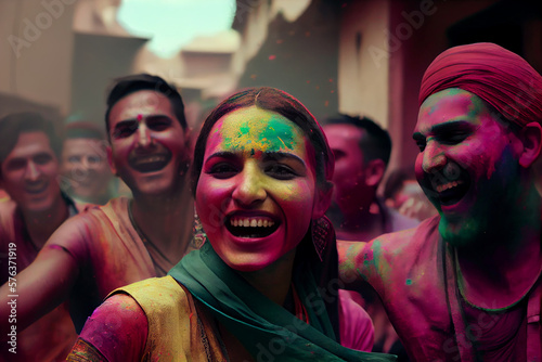 A fictional person celebrating Holi holiday and having a good time, Hindu tradition popular festival, Generative AI © LS Visuals