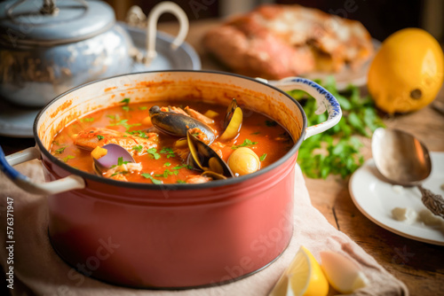 authentic French soup Bouillabaisse cooked in big pot. AI generative photo