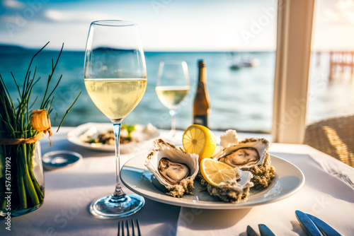 Valokuva Feast on some freshly shucked oysters and savor a glass of white wine in a vibrant seafood eatery