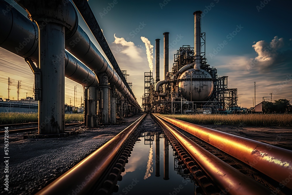 Photo perspective of oil refinery in outdoors. Generative AI illustration