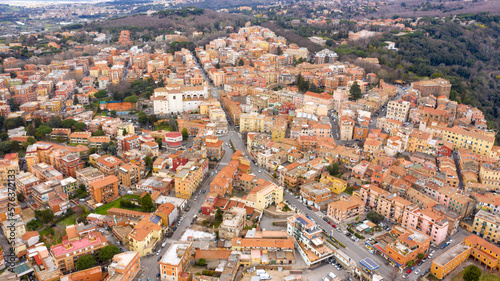Aerial view of Genzano di Roma, a small town located in the Metropolitan City of Rome, Italy. The town is part of the Castelli Romani area.