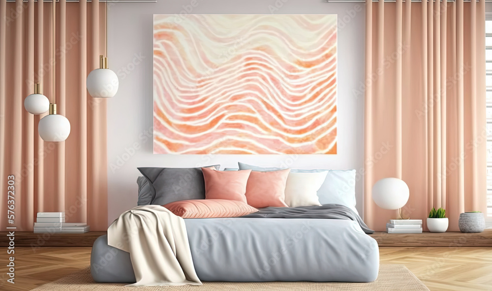  a bedroom with a large painting on the wall and a bed.  generative ai