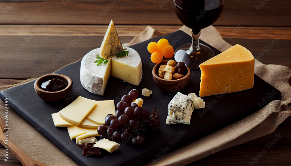 A board of artisanal cheeses and dark chocolate, perfect to accompany a wine generative AI