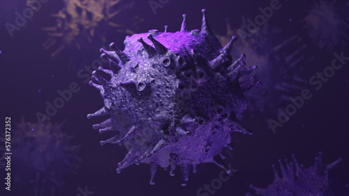 Influenza virus cell on purple background. Infectious diseases in humans. Infection. Bacteria. Flu. 3d illustration