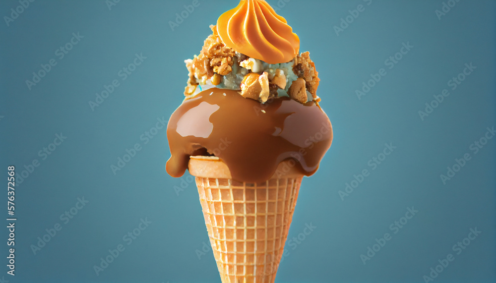 A chocolate ice cream cone topped with caramel and walnuts generative AI