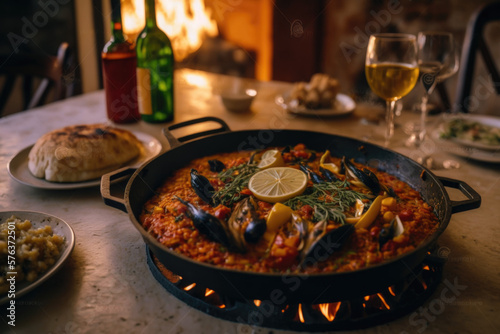Savoring a taste of Spain: Rustic table, seafood paella and Valencian flavors AI Generative