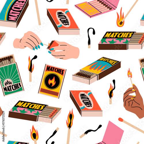 Flaming matches seamless pattern. Hands strike spark about boxes, different label design burning and extinct stick. Decor textile, wrapping paper. Modern print tidy vector background