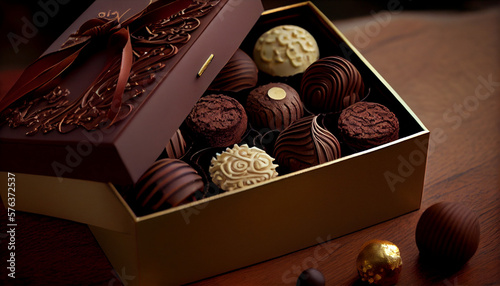 A box of mouth-watering chocolate truffles generative AI photo