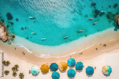 Top down view of realistic illustrated sand beach with umbrellas 
