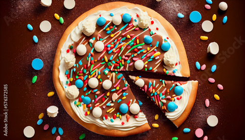 A chocolate pizza topped with marshmallows and colorful sprinkles generative AI photo