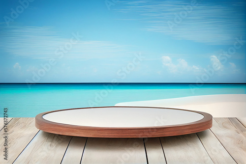Empty wooden table top product display showcase stage with sea background. Generative AI © KORJUDZ