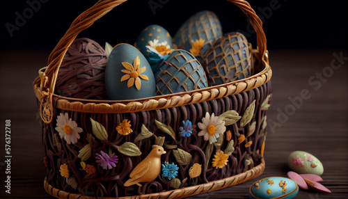 A handmade Easter basket with hand-decorated eggs generative AI photo