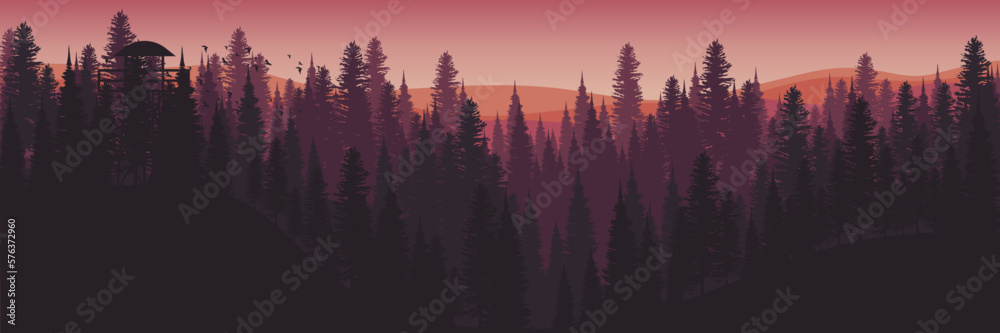 sunset silhouette of forest landscape flat design vector illustration design for wallpaper design, design template, background template, and tourism design template