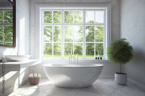 Bright elegant bathroom interior in a luxury house. Stylish interior of bathroom with green houseplants. generative ai 