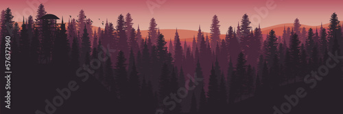 sunset silhouette of forest landscape flat design vector illustration design for wallpaper design, design template, background template, and tourism design template © FahrizalNurMuhammad