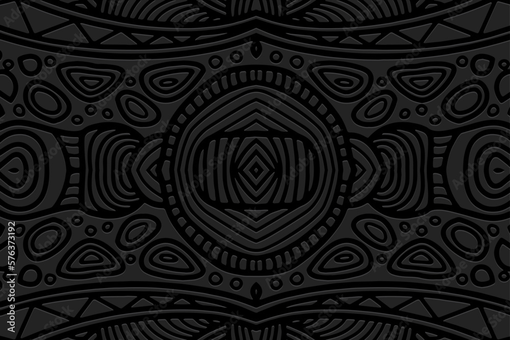 Embossed black background, cover design. Geometric minimalistic 3D pattern, press paper. Ornaments handmade East, Asia, India, Mexico, Aztecs, Peru. Ethnic boho motifs, hot topics.