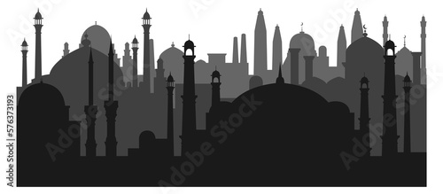 Islamic urban buildings silhouette. Black arabic cityscape