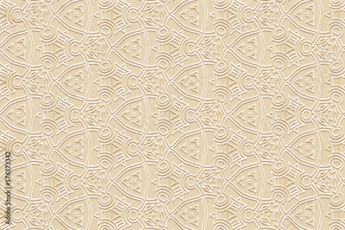 Embossed beige background, cover design. Geometric stylish 3D pattern, press paper, leather. Ornaments handmade East, Asia, India, Mexico, Aztecs, Peru. Ethnic boho motifs, hot topics.