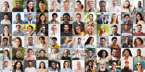 Multiracial people smiling and gesturing on various backgrounds, collage, panorama