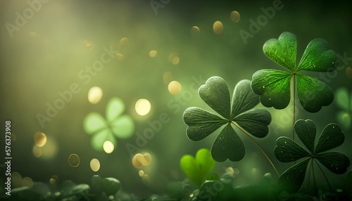 Saint Patrick green background banner with clover. Generative AI