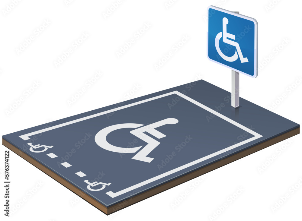 3D disabled parking space with its signage on the ground and its information panel with the symbol of the wheelchair (cut out) 3D disabled parking space with its signage on the ground and its information panel with the symbol of the wheelchair (cut out)