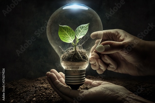 Man's hand grasping a light bulb and sprout of a plant inside. Representing the idea of preserving energy, being renewable, and repurposing. Taking care of theenvironment to defend from global warming photo