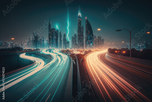 The Vibrant Energy of Cities: Night timelapse cityscape lights with Traffic Trails AI Generative #576374523
