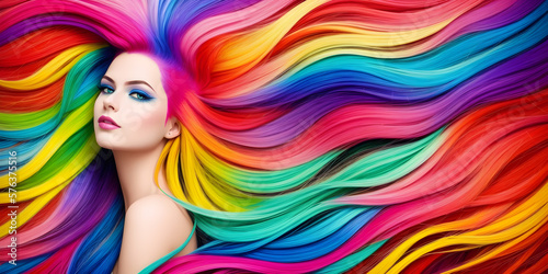 Pretty girl with colorful hair. Young woman with bright makeup and rainbow dyed hairstyle. Female face on background of colored fluttering curls. Professional haircut and coloring. Generative AI