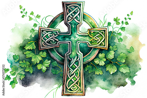 Celtic cross decorated with green clovers, watercolor card, ai generation