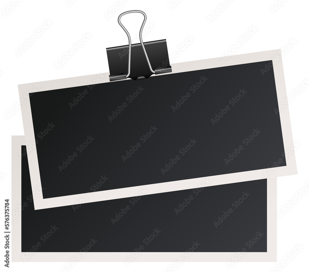 Photo card attach with paper clamp. Realistic mockup Photo card attach with paper clamp. Realistic mockup